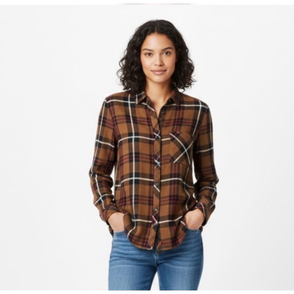 Beachlunchlounge Women's Shirt M/M Brown Plaid Long‎ Sleeve Button Down Rayon